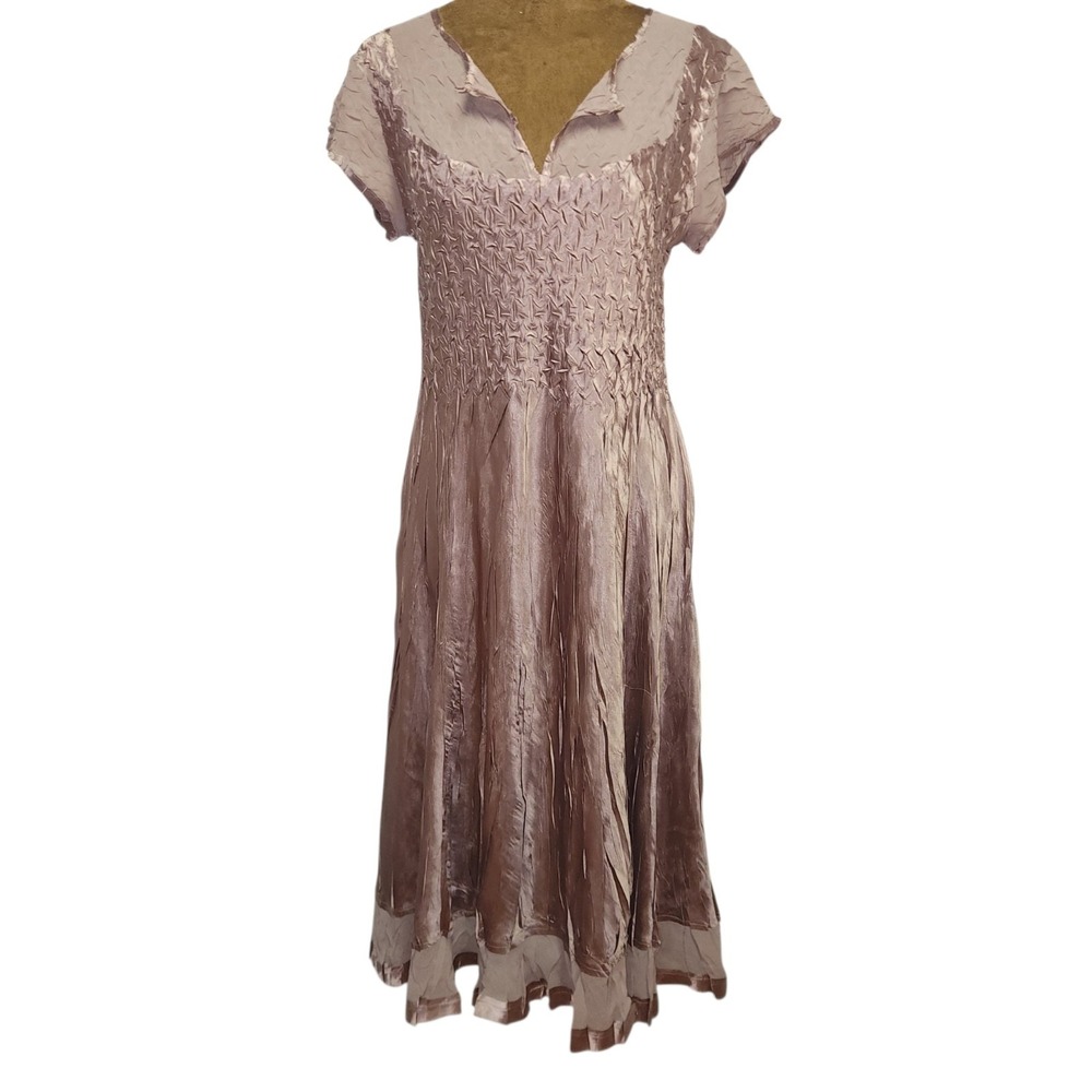 SL Fashions Dress Size Petite L Y2K Satin Pleated Champagne Whimsy Women's